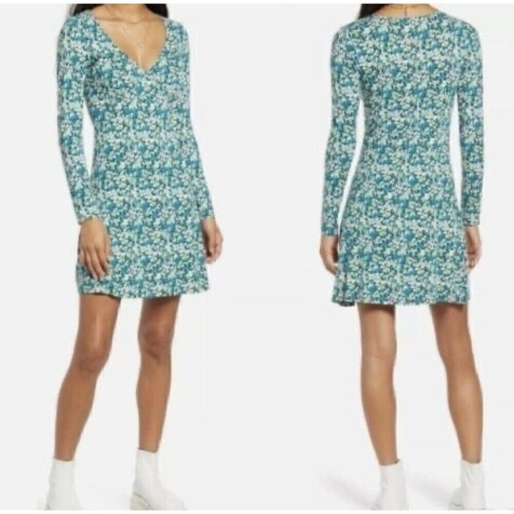 NWT bp Green Floral Knit Long Sleeve V-Neck Sustainable Dress - Size: XXS